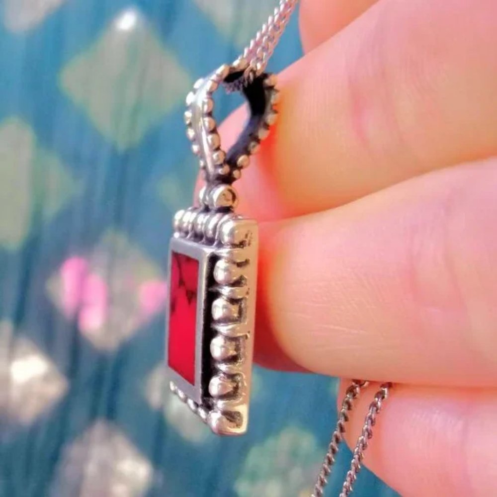 Vintage Sterling Silver Red Jasper Pebbled Pendant Necklace - Picture 12 of 13